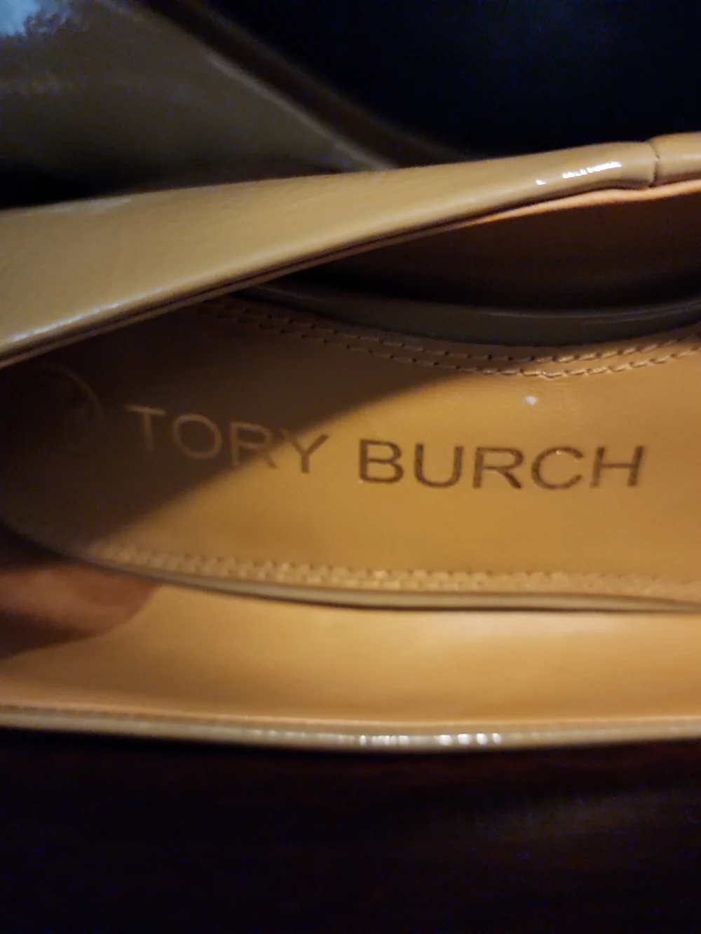 Tory Burch Beige Patent Leather Block Heel Pumps with Gold Emblem